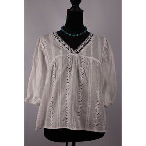 All in Favor‎ White Boho Style 3/4 Sleeve Eyelet Blouse 100% Cotton Size Small